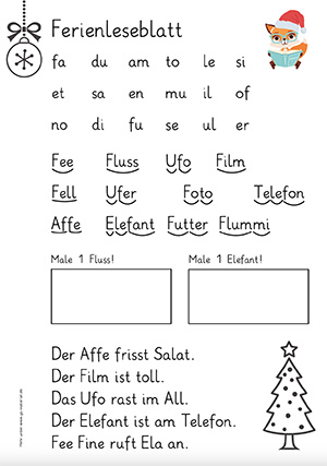 Grundschule Leseblatt 12 Buchstabe a,d,e,f,i,l,o,m,n,r,s,t