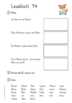 Grundschule Leseblatt 14 Buchstabe a,d,e,ei,f,i,l,o,m,n,r,s,sch,t