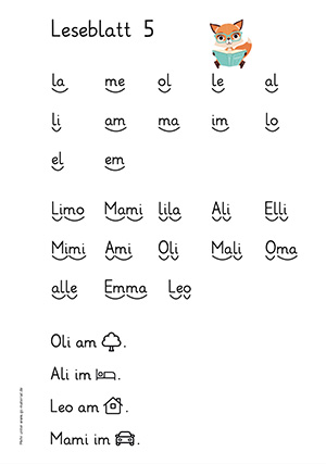 Grundschule Leseblatt 5 Buchstabe a,e,i,l,o,m