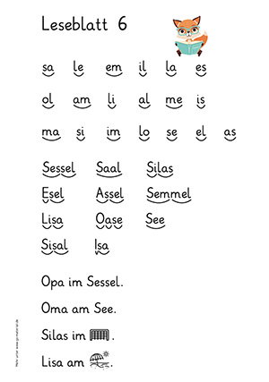 Grundschule Leseblatt 6 Buchstabe a,e,i,l,o,m,s