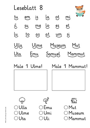 Grundschule Leseblatt 8 Buchstabe a,e,i,l,o,m,s,t