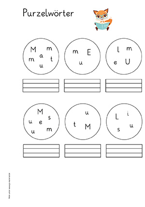 Grundschule Leseblatt 8 Purzelwörter Buchstabe a,e,i,l,o,m,s,t