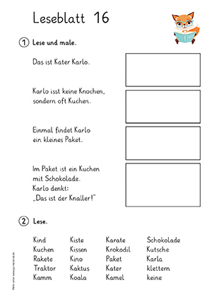 Grundschule Leseblatt 16 Buchstabe a,ch,d,e,ei,f,i,k,l,o,m,n,r,s,sch,t