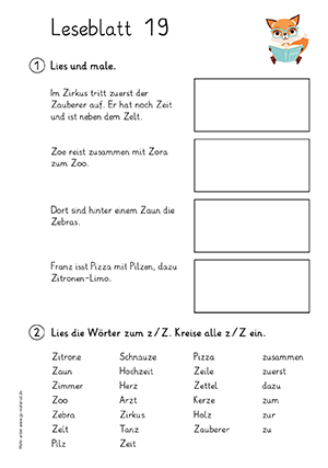 Grundschule Leseblatt 19 Buchstabe a,ch,d,e,ei,f,i,k,l,o,p,m,n,r,s,sch,t,u,z