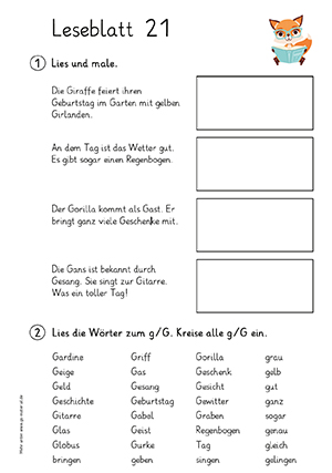 Grundschule Leseblatt 21 Buchstabe a,ch,d,e,ei,f,g,i,k,l,o,p,m,n,r,s,sch,t,u,w,z