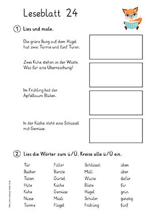 Grundschule Leseblatt 24 Buchstabe a,ch,d,e,ei,f,g,i,k,l,m,n,o,oe,p,pf,r,s,sch,t,u,ue,w,z