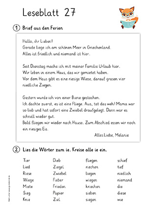 Grundschule Leseblatt 27 Buchstabe a,ch,d,e,ei,eu,f,g,i,ie,j,k,l,m,n,o,oe,p,pf,r,s,sch,t,u,ue,w,z