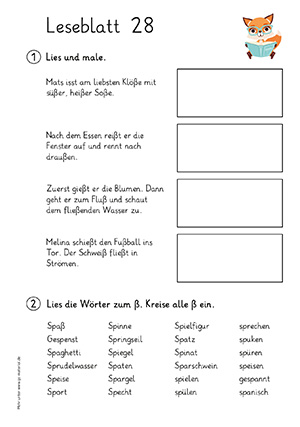 Grundschule Leseblatt 28 Buchstabe a,ch,d,e,ei,eu,f,g,i,ie,j,k,l,m,n,o,oe,p,pf,r,s,sch,t,u,ue,w,z