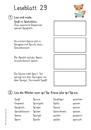 Grundschule Leseblatt 29 Buchstabe a,ch,d,e,ei,eu,f,g,i,ie,j,k,l,m,n,o,oe,p,pf,r,s,sch,sp,sz,t,u,ue,w,z