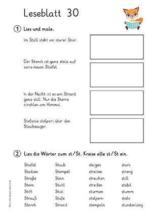 Grundschule Leseblatt 30 Buchstabe a,ch,d,e,ei,eu,f,g,i,ie,j,k,l,m,n,o,oe,p,pf,r,s,sch,sp,st,sz,t,u,ue,w,z