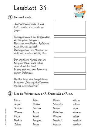 Grundschule Leseblatt 34 Buchstabe a,ae,ch,d,e,ei,eu,f,g,i,ie,j,k,l,m,n,ng,nk,o,oe,p,pf,r,s,sch,sp,st,sz,t,u,v,ue,w,z