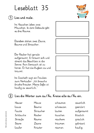 Grundschule Leseblatt 35 Buchstabe a,ae,aeu,ch,d,e,ei,eu,f,g,i,ie,j,k,l,m,n,ng,nk,o,oe,p,pf,r,s,sch,sp,st,sz,t,u,v,ue,w,z