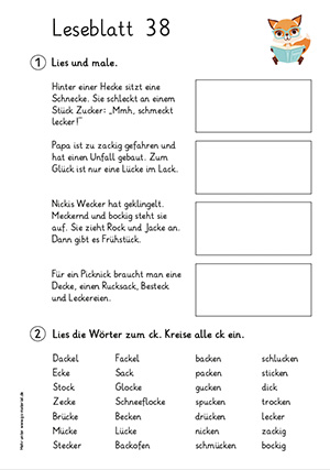 Grundschule Leseblatt 38 Buchstabe a,ae,aeu,b,c,ch,ck,d,e,ei,eu,f,g,i,ie,j,k,l,m,n,ng,nk,o,oe,p,pf,r,s,sch,sp,st,sz,t,tz,u,v,ue,w,z